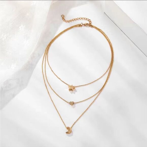 Cute Classy Celestial Trending Layered Necklace — Moon Star Heart - Picture 3 of 6